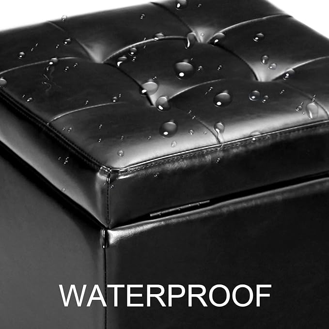 Adeco Storage Ottoman Foot Rest Stool, Leather Ottoman Footstool with Wood Legs and Hinged Lid, 18" Small Foot Stool Bench for Living Room, Bedroom, Black