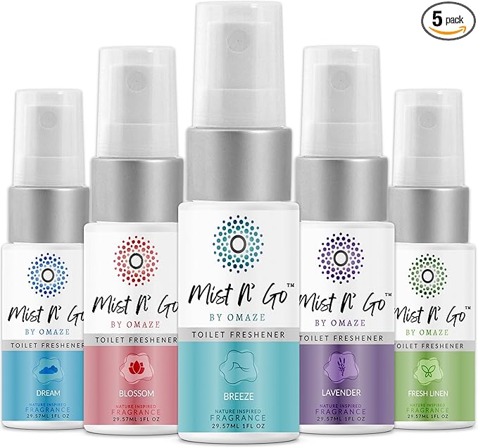 Mist N’ Go by Omaze Travel Bathroom Spray for Toilet Spray Odor Eliminator - Travel Toilet Spray for Bathroom Air Freshener Spray for Bathroom Deodorizer - Mix All, Travel Size (1oz x5)