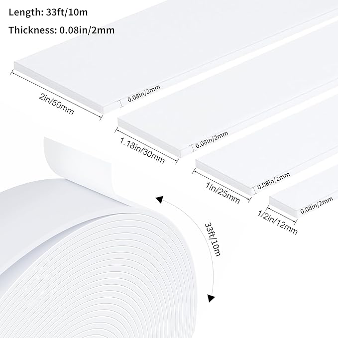 Weather Stripping Door Seal White,Self Adhesive Foam Tape High Density Foam Sealing Strip,Air Conditioner Window Seal,Soundproof Foam Tape Roll(1/2" W X 1/13" T X 33' L)