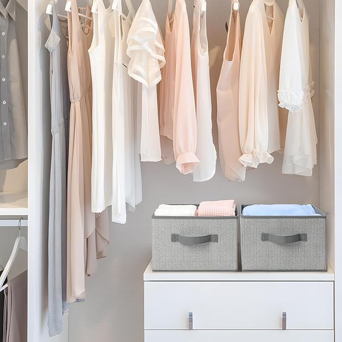 Storage Baskets, 11-Inch Woven Fabric Bins, Storage Cubes with Reinforced Handles, Organizer Bins for Closet Shelves, Foldable, for Toys, Clothes, Natural Beige (4PCS/Grey-11*11*7.8inch)