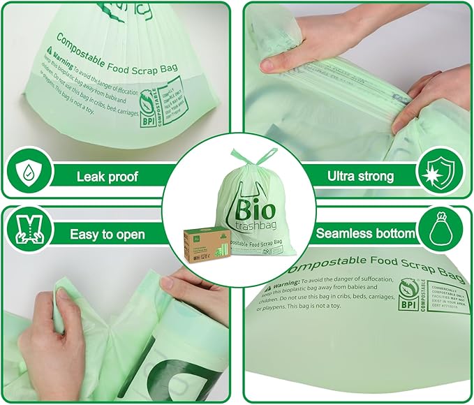 13 Gallon Compostable Trash Bags, Biodegradable Drawstring Compost Food Waste Bags, 100 Count, Heavy Duty 1 Mil, 49.2 Liter, Tall Kitchen Large Garbage Bags, US BPI and Europe OK Compost