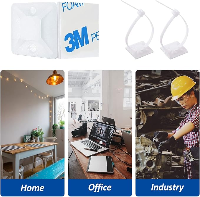 Strong Back-Glue Self Adhesive Cable Zip Tie Mounts Kit - 100 Set Cable Management Clips with 6" Zip Ties, Wire Holders - Outdoor Sticky Wire Organizer Clips - White