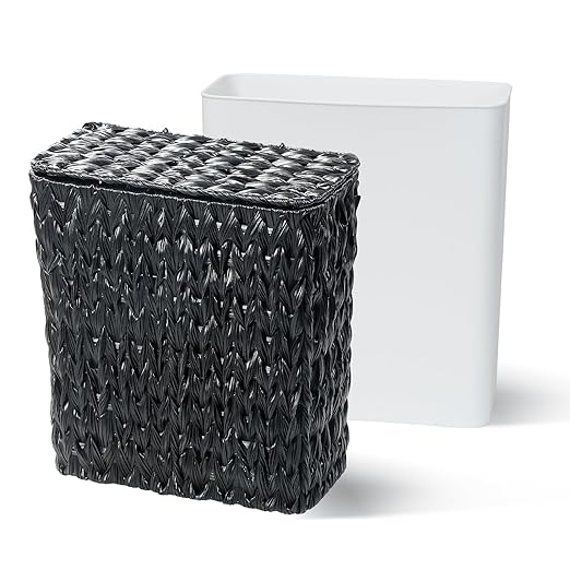 Black Wicker Trash Can with Lid and Liner,Waterproof Narrow Waste Basket for Bathroom,Bedroom,Office,3 Gallon