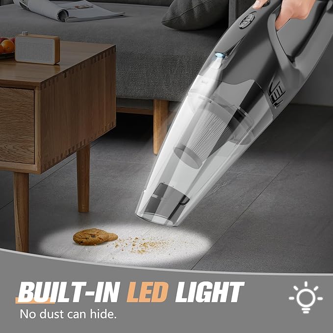 Handheld Vacuum Cordless Rechargeable with LED Light, Car Vacuum Portable Cordless, Hand Vacuum Cleaner Car Seats, Home, Quick Cleanup, Strong Suction, Lightweight, Includes Crevice Nozzle & Brush