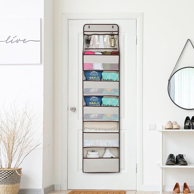 Univivi 6-Shelf Over Door Hanging Organizer Fabric Baby Door Storage with 5 Large Pockets and 3 Small PVC Pockets Wall Mount Hanging Storage Organizers for Baby Essential (Beige)