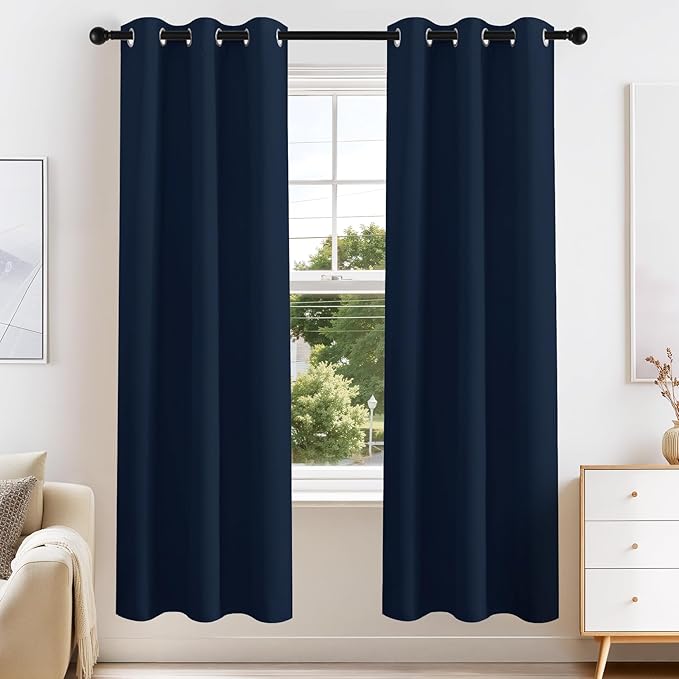 PONY DANCE Navy Blue Blackout Curtains for Bedroom 63 Inch Length 2 Panels Set, Thermal Insulated Energy Saving Grommet Top Window Treatment Drapes for Living Room, W34 x L63 Inch
