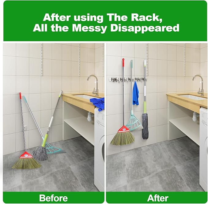 voze 5 Racks and 4 Hooks Mop and Broom Holder Wall Mount, Self Adhesive Heavy Duty Broom Hanger Organizer Storage Tool Racks for Kitchen Garden Laundry Garage