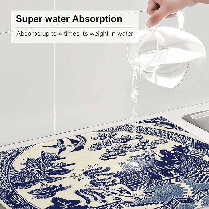 Dish Drying Mat For Kitchen Counter Absorbent Dish Mat Reversible Drainer Drying Kitchen Mat (Oriental Style Chinese Blue Willow, 24X18)