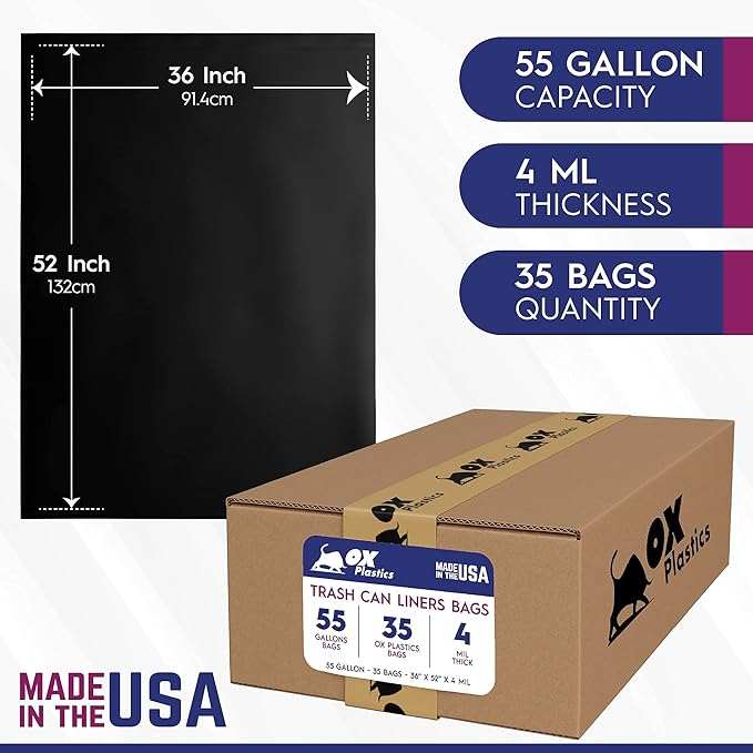 55 Gallon 4mil Trash Can Liners Bags - (35 Count) Capacity & Thick Extra Heavy Duty Strength - Large Garbage, Leak-Proof & Durable, House & Commercial Use Bags - Black