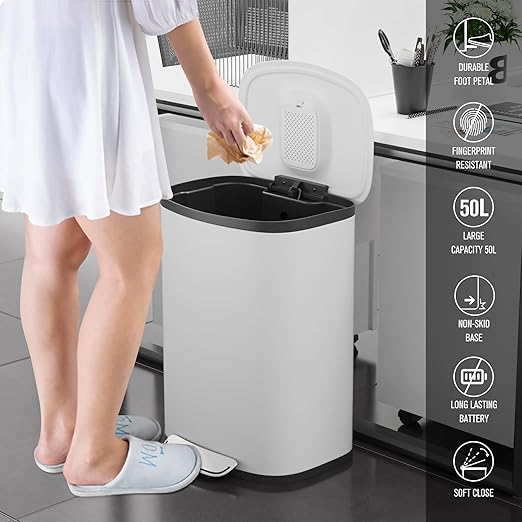 13 Gallon Stainless Steel Foot Pedal Large Trash Can with Soft Close Quiet Curved Surface Top Lid and Deodorant Storage Space, with 30 Garbage Bags for Kitchen/Home/Office Trash can and More - White