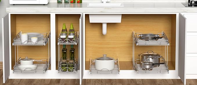OCG 2 Tier Pull Out Cabinet Organizer (14" W x 21" D), Pull Out Drawers for Kitchen Cabinets, Pull Out Shelves for Base Cabinet Organization in Kitchen Bathroom Pantry, Chrome Finish