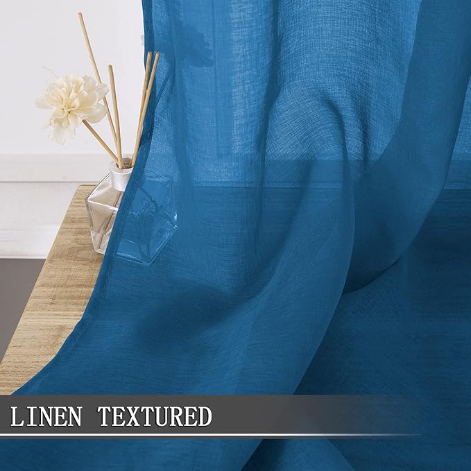 Tollpiz Short Sheer Curtains Linen Textured Living Room Curtain Sheers Light Filtering Rod Pocket Voile Curtains for Bedroom, 42 x 45 inches Long, Classic Blue, Set of 2 Panels