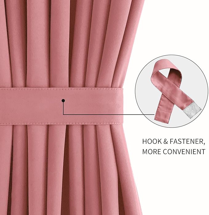 DWCN French Door Curtains – Rod Pocket Thermal Blackout Curtain for Window/Patio Doors/Doorways/Classroom/Kitchen for Privacy, 25W by 72L Inches, 1 Panel with Tieback, Dry Rose