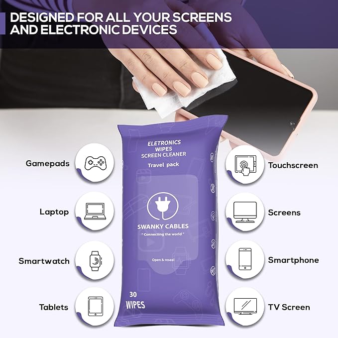 Screen Cleaner Wipes: Electronic Wipes for Screens - Computer Screen Wipes for Lens, Phone, Tv Screen and Monitor Cleaning - Tech Wipes & Microfiber Cloth (Soft Wipes, 30 Count)