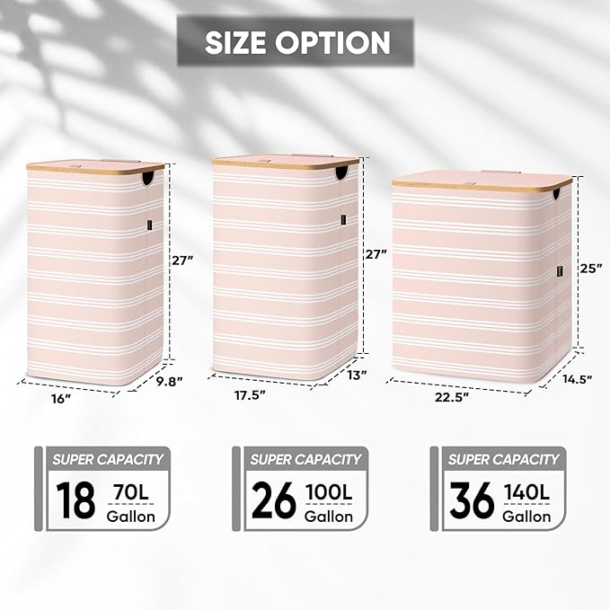 BALEINE Laundry Hamper with Lid, Tall Laundry Baskets with Bamboo Pull Handles, Large Laundry Bin with Internal Support (36 Gal/140L, Pink Pinstripe)