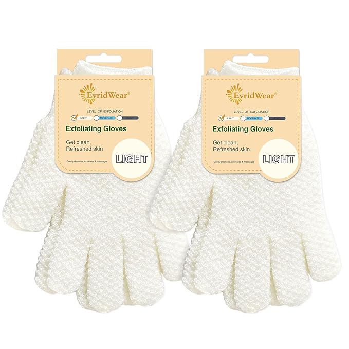 Evridwear Exfoliating Dual Texture Bath Gloves for Shower, Spa, Massage and Body Scrubs, Dead Skin Cell Remover, Gloves with Hanging Loop (2 Pairs Light)