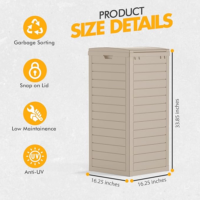 31 Gallon Outdoor Trash Can, Waterproof Resin Trash Can with Layered Lid and Drip Tray, Perfect for Patio, Backyard (Grey)
