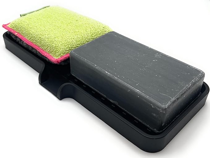 Happitasa Silicone Soap Dish Tray and Sponge Holder with Drain Chute | Bathroom and Kitchen Sink Organizer Caddy (Black, 9"x3.5", 5.6 Ounces)
