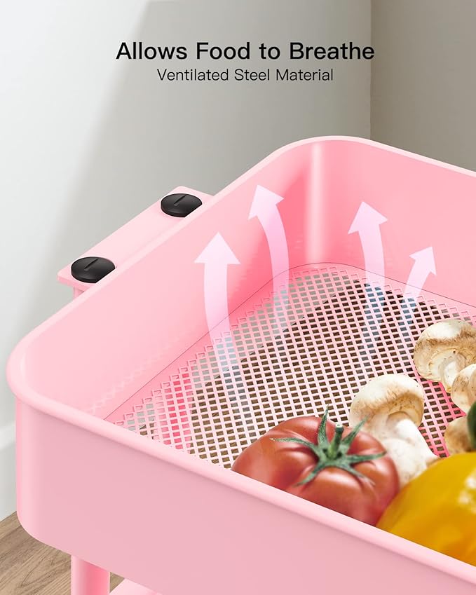 Pipishell 3-Tier Metal Rolling Utility Cart, Heavy-Duty Storage Cart with 2 Lockable Wheels, Multifunctional Mesh Organization Cart for Kitchen Dining Room Living Room (Pink)