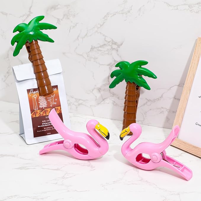 4 Pieces Beach Towel Clip Jumbo Size Chair Clips Towel Holder Clothes Pegs Christmas Stocking Clamp for Cruise Patio Pool Holiday Vacations(Flamingo, Coconut Palm,Pink, Green)