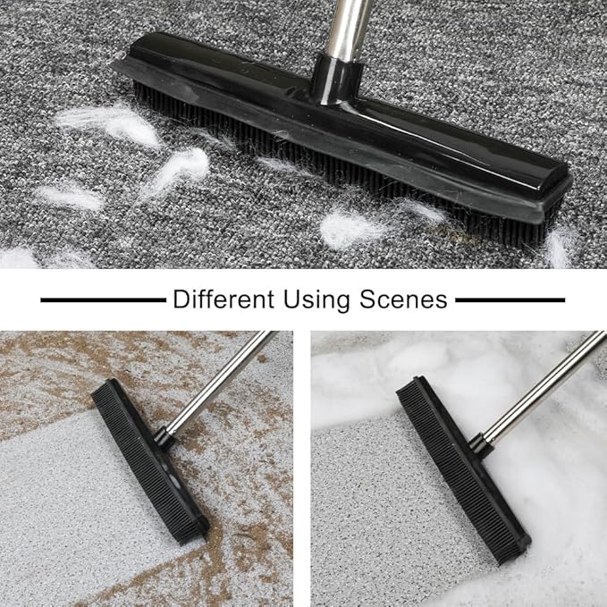 Rubber Broom and Pet Hair Removal Brush Set for Carpet,Fur Remover Rake with Squeegee,Lint Brush for Pet Dog Cat Hair