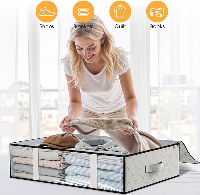 StorageRight Under Bed Storage Bins, 6-Pack 40L Foldable Fabric Storage Bags with Transparent Window, Breathable Organizer for Clothes/Blanket/Comforter/Quilt, White