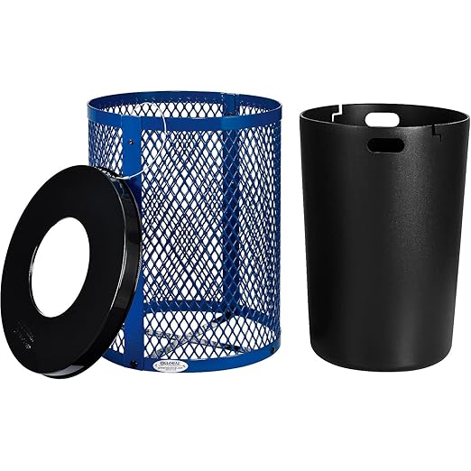 Global Industrial Outdoor Diamond Steel Trash Can with Flat Lid and Plastic Liner, 36 Gallon Capacity, Blue, Thermoplastic Coating, 23-1/2" Diameter, 30" H