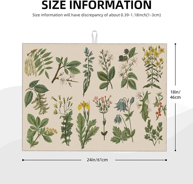 Vintage Color Plants Herbs Floral Microfiber Dish Drying Mat For Kitchen Countertop Xl Absorbent Reversible Drainer Rack Pad Extra Large 18 X 24 Inch