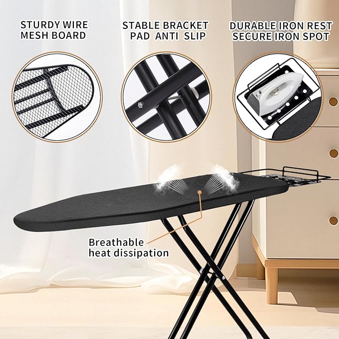 Ironing Board,52x14 Inch Iron Board with Steam Rest, Heavy Duty Metal Frame Legs Ironing Table with Heat Resistant Cover Mat, Foldable Full Size Hanger Ironing Stand, 5 Adjustable Height, Black