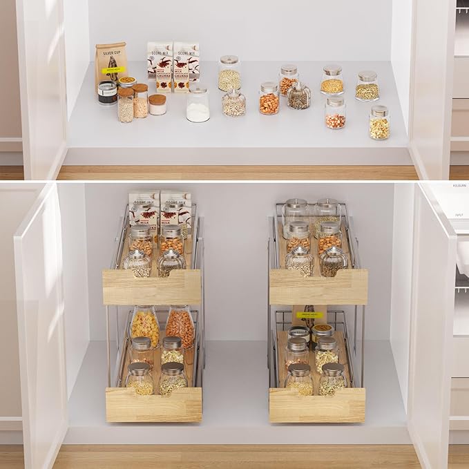 Pull Out Cabinet Organizer,Heavy-Duty Slide Out Shelf, Wood and Wire Basket, Pull Out Drawer for for Kitchen Under Sink Space, Pantry, Bathroom, 2 Tie 9 * 21 in