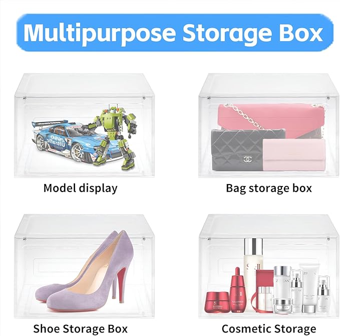 8 Pack Shoe Boxes Clear Plastic Stackable, Drop Front Shoe Storage Organizer for Closet, Sneaker Storage with Magnetic Door, Shoe Display Containers Fit US Size 12 (13.4”x 10.6”x 7.5”) Clear