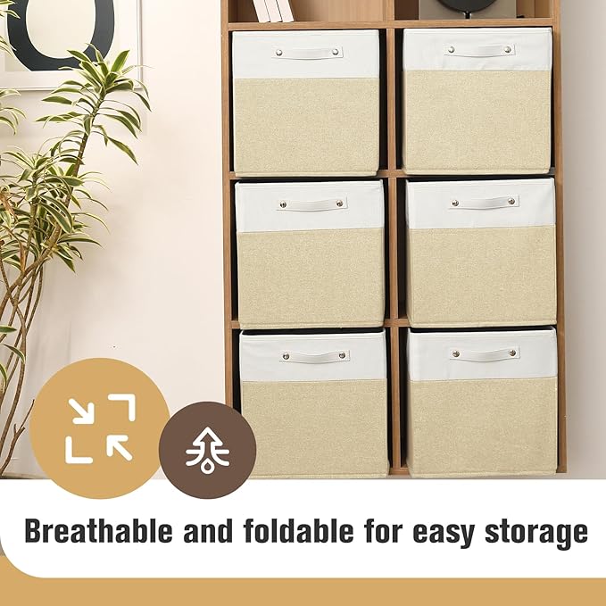 13 x 13 Inch Fine Linen Storage Bins with Handles，Fabric Cube Boxs，Collapsible Basket Organizers for Shelves for Home, Closet Drawers (White/Khaki-6 Pack)
