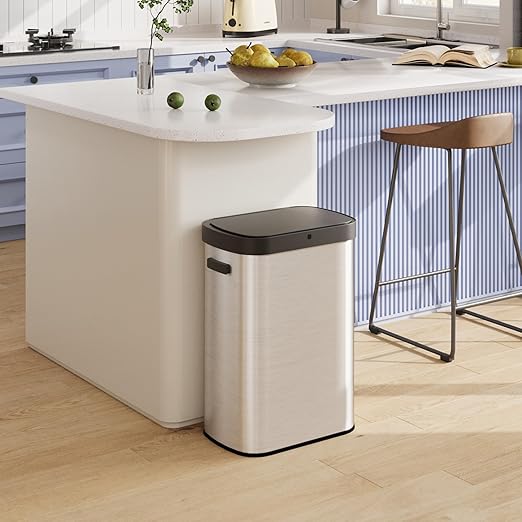 WLIVE 13 Gallon Trash Can, 50 Liter Large Capacity Motion Sensor Automatic Trash Cans Touchless with LED Indicator, Brushed Stainless Steel Finish Garbage Cans for Kitchen, Office, School, Silver