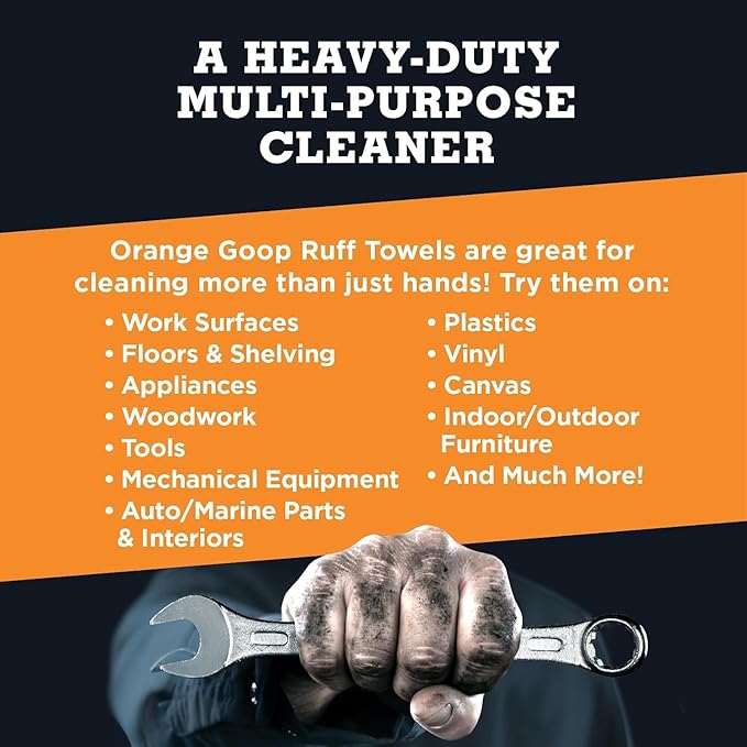 GOOP Heavy Duty Ruff Towels with Scrubbing Power, 10” x 12” Dual Textured Multi-Purpose Cleaning Wipes, Removes Dirt, Grease, Oil - 6 Pack