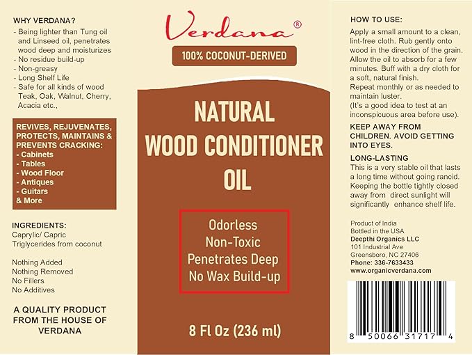 Verdana Natural Wood Conditioner Oil – 8 fl oz – Odorless, Non-Toxic Coconut Oil Polish for Furniture – No Wax Buildup - Nourishes, Restores & Rejuvenates Wood Furniture