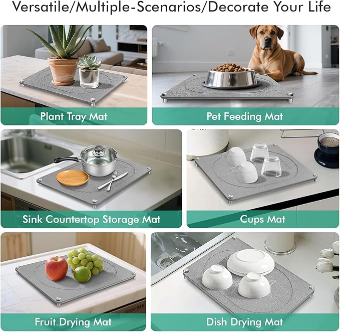 Stone Drying Mat For Kitchen Counter Superb Absorbent Diatomaceous Earth Mats with Non-Slip Feet Quick Dry Stone Dish Drying Pad Dish Pad Multi-Purpose(Floral-MediumGray, 15.7" x 11.8")