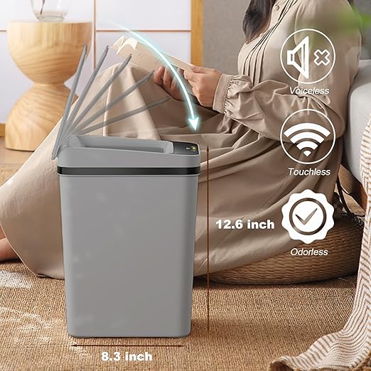 Yatmung 2.5 Gallon Motion Sensor Trash Can - Automatic Trash Can Touchless - Smart Trash Bin with Lid - Electric, Narrow, Plastic, Auto Open, Office, Bedroom, Bathroom - Small Garbage Can (Grey)