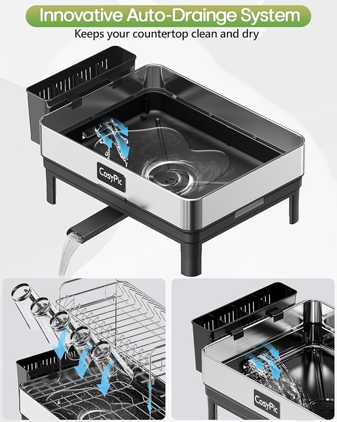 2 Tier Dish Drying Rack, Thicker Premium 304 Stainless Steel Dish Racks for Kitchen Counter, Automatic Drainage Spout, Dish Drainer & Drainboard Set with Utensil Holder and Cup Holder, Black