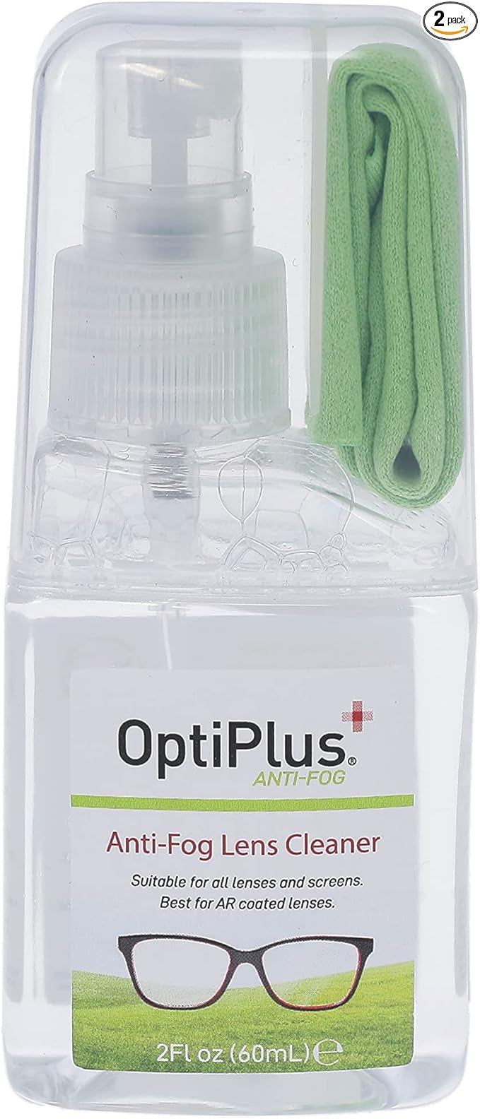 OptiPlus Anti-Fog Lens Cleaning Spray Kit l Cleaning Spray and Microfiber Cloth for Glasses, Laptops Screens, Smart Phones, Optical Lens, Goggles, Watch Screen and More l Defogging and Cleaning l 2oz