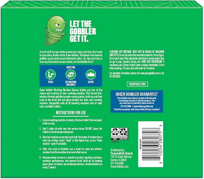 Green Gobbler Washing Machine Cleaner Tablets with Pipe Clean Technology Deodorizer | Front & Top Load Washer | 28 Count