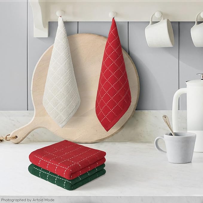 Artoid Mode Checkered Designed Cotton Terry Kitchen Dish Cloths, 12x12 Inch Soft Absorbent Quick Drying Cleaning Kitchen Rags Set of 6，Multicolor
