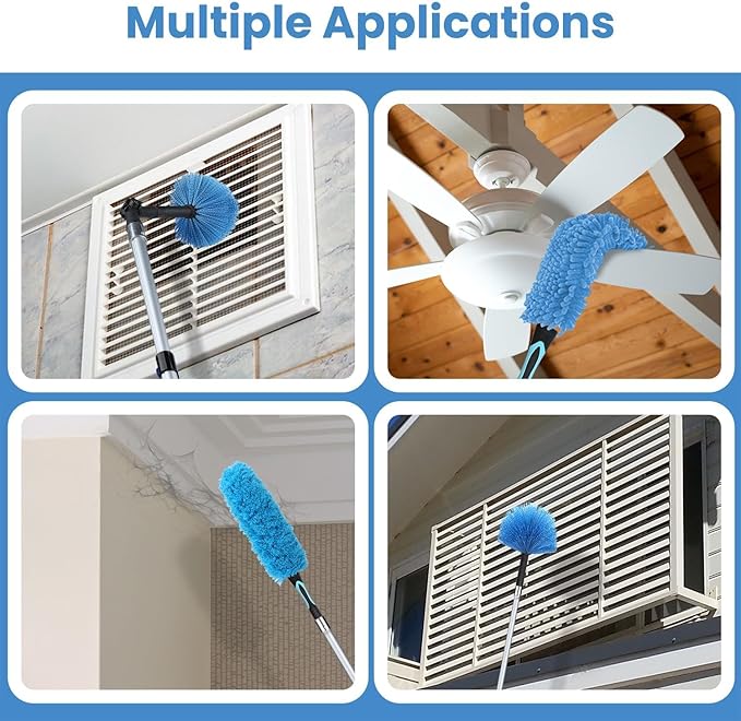 25ft High Ceiling Duster Kits with 5-18ft Heavy Duty Extension Pole - Fan Blade Cleaner, Cobweb Remover & Blue Window Squeegee Kit, Washable Dust Brush for High Roof and Glass Surfaces