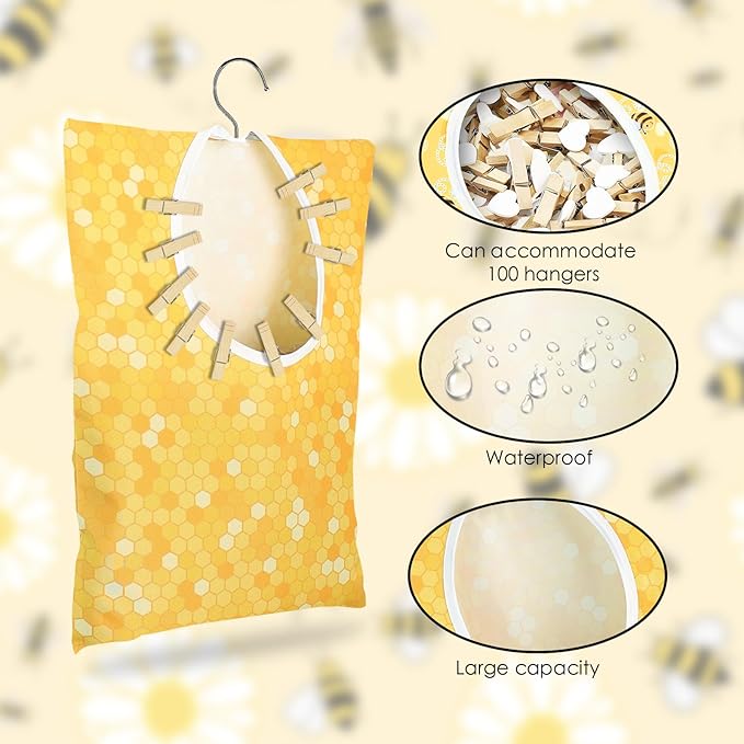 Bee Honeycomb Clothespin Holder - 2 Pcs Bee Clothes Pin Bags - 15 X 11 Inch - Clothes Hanging Bag for Laundry Room & Outdoor Use
