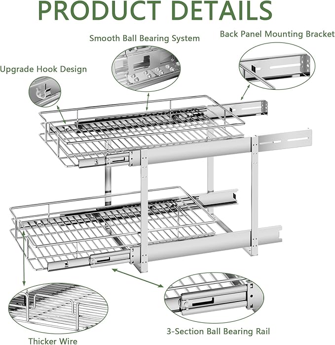 2 Tier Individual Pull Out Cabinet Organizer 22½" W x 21½" D, Heavy Duty Cabinet Pull Out Shelves, Slide Out Drawers Organization for Kitchen Cabinets Bathroom