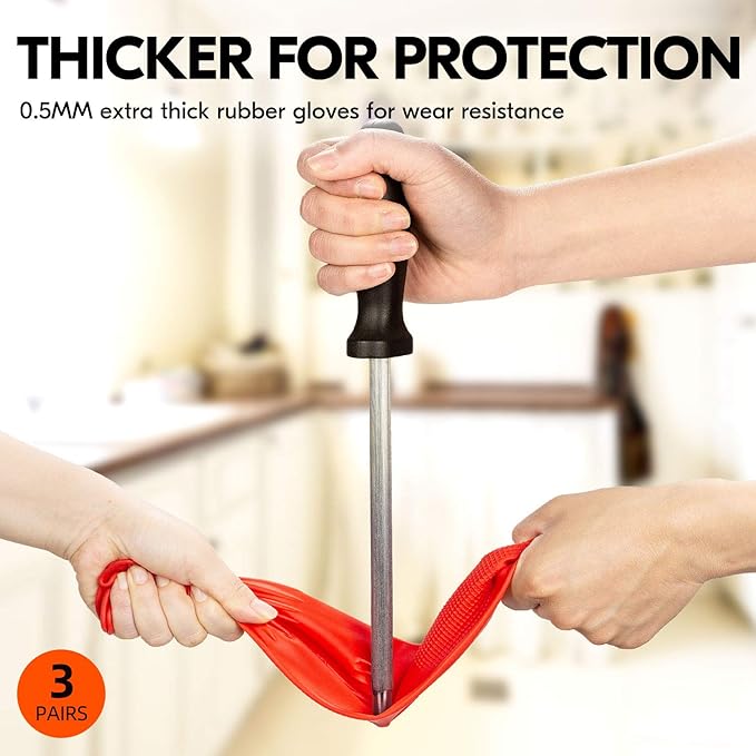 Vgo... 3-Pairs Dishwashing Gloves, Reusable Household Gloves, Long Sleeve, Thick Latex, Cleaning, Washing, Working, Painting, Gardening, Pet Care (Size S, Red, RB2143)