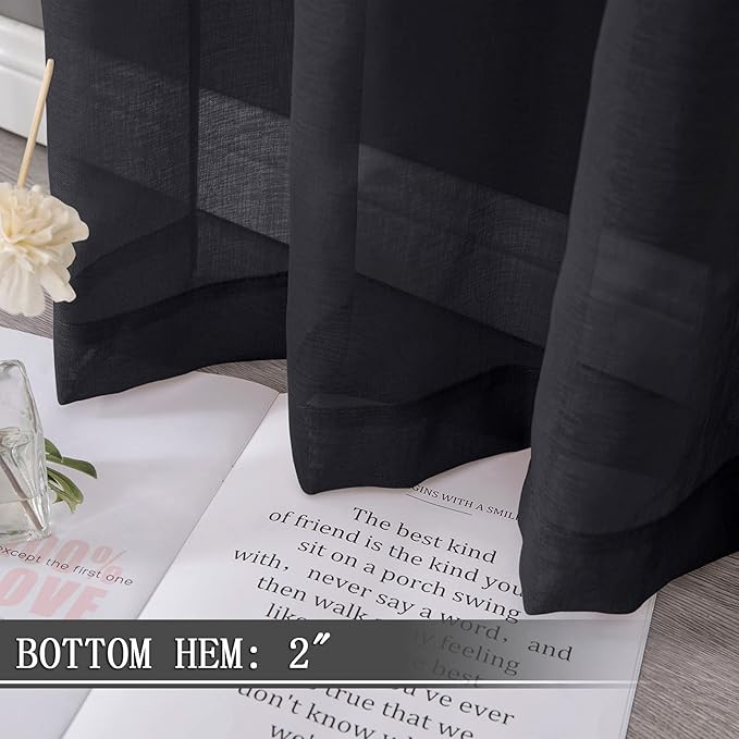 Tollpiz Short Sheer Curtain Linen Textured Bedroom Curtains Sheer Light Filtering Rod Pocket Voile Curtain for Living Room, 54 x 54 inches Long, Black, Set of 2 Panels