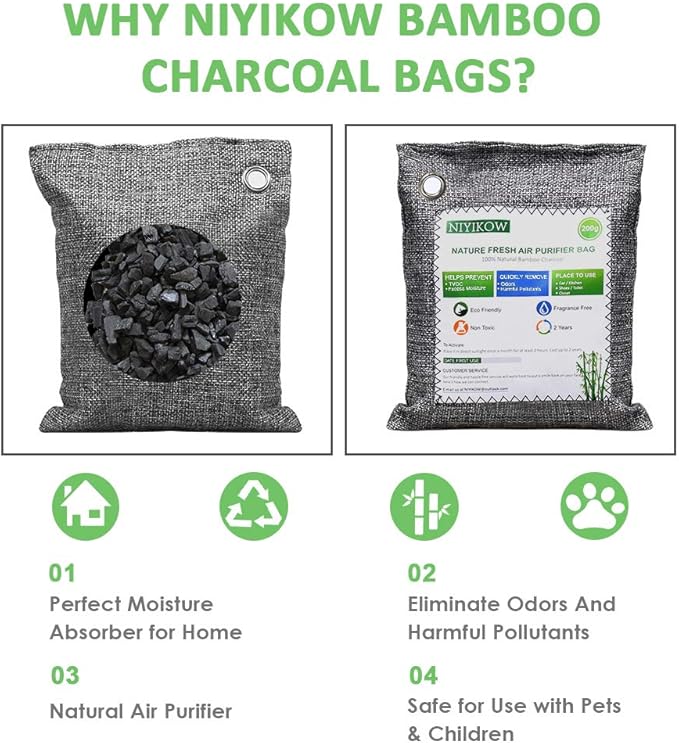NIYIKOW Charcoal Bags Odor Absorber (Large, 4Pack x 200g), Nature Fresh Bamboo Charcoal Air Purifying Bags, Activated Charcoal Odor Absorber for Home, Car, Closet, Pets, Basement Odor Eliminator -Grey