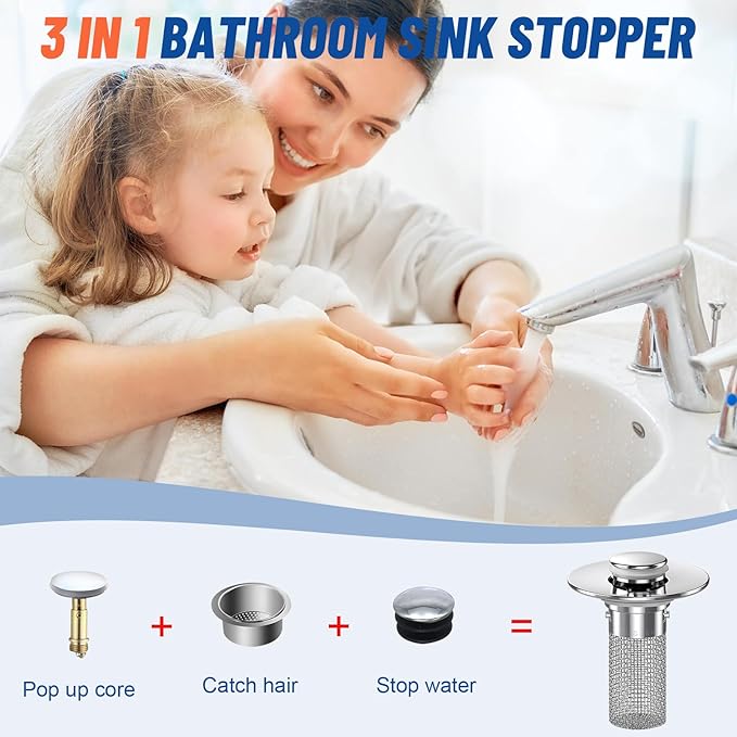 2PC Bathroom Sink Stopper Hair Catcher, Pop Up Sink Drain Filter with Removable Stainless Steel Filter Basket Hair Catcher, for US Bathroom Sink Stopper Replacement.