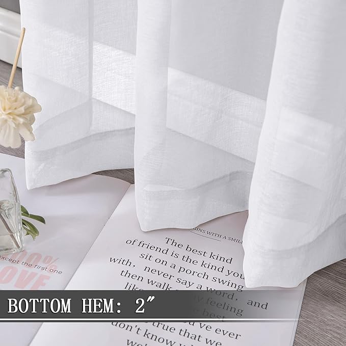 Tollpiz Sheer Curtains Linen Textured Bedroom Curtain Sheers Light Filtering Rod Pocket Voile Curtains for Living Room, 54 x 84 inches Long, White, Set of 2 Panels