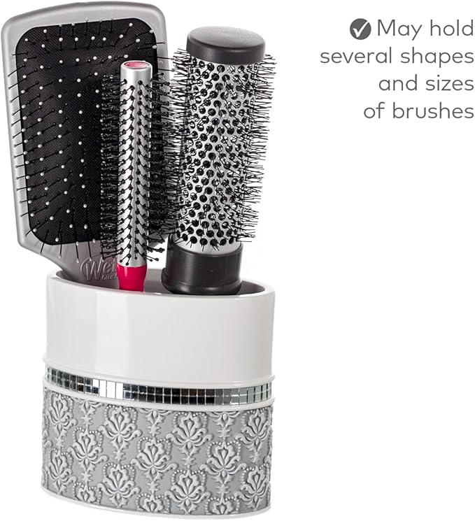 Creative Scents Mirror Damask Bathroom Accessory Set Complete - Decorative 4 Piece White and Gray Bathroom Set Includes: Soap Dispenser, Soap Dish, Toothbrush Holder and Tumbler